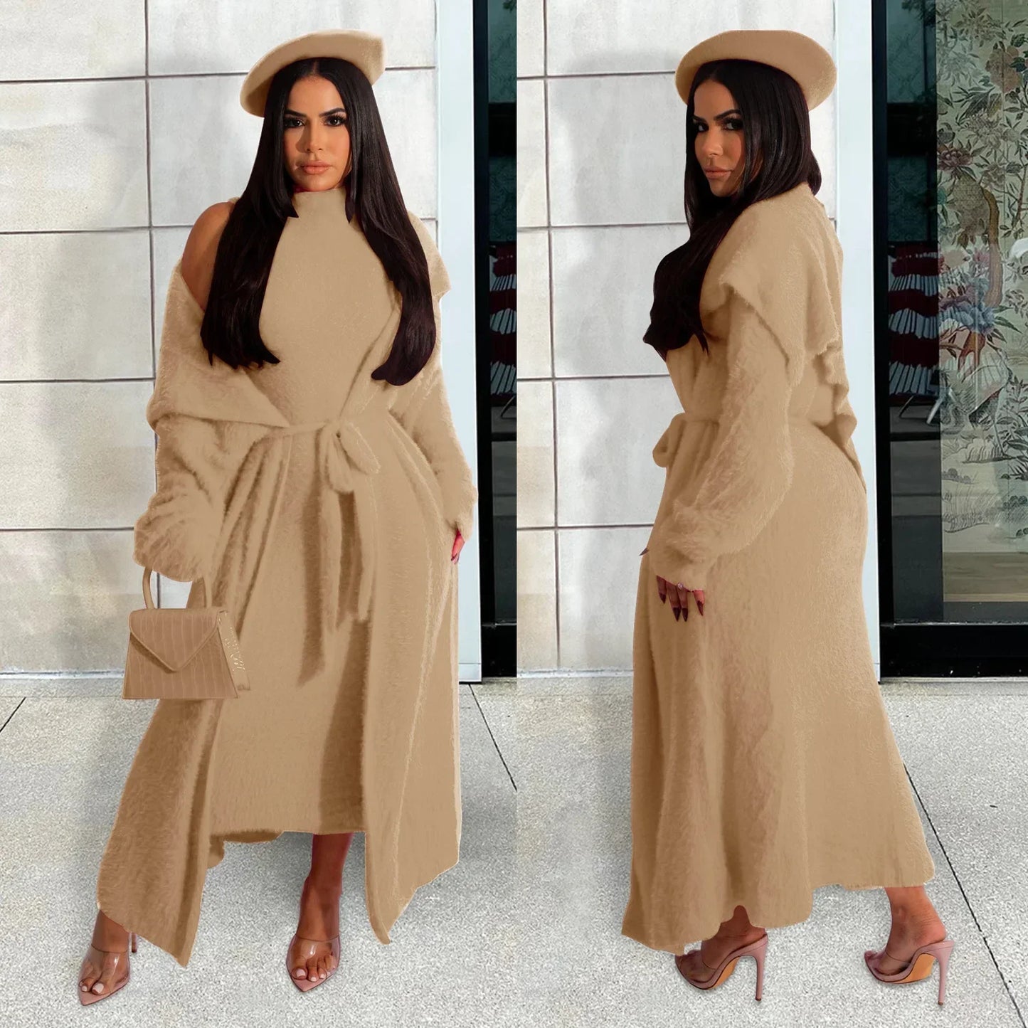 Maxy Women Dress Sets Two Piece Long Sleeve Round Neck Cardigan Solid Color Elastic Waist Casual Slim Fit Patchwork Autumn Belt