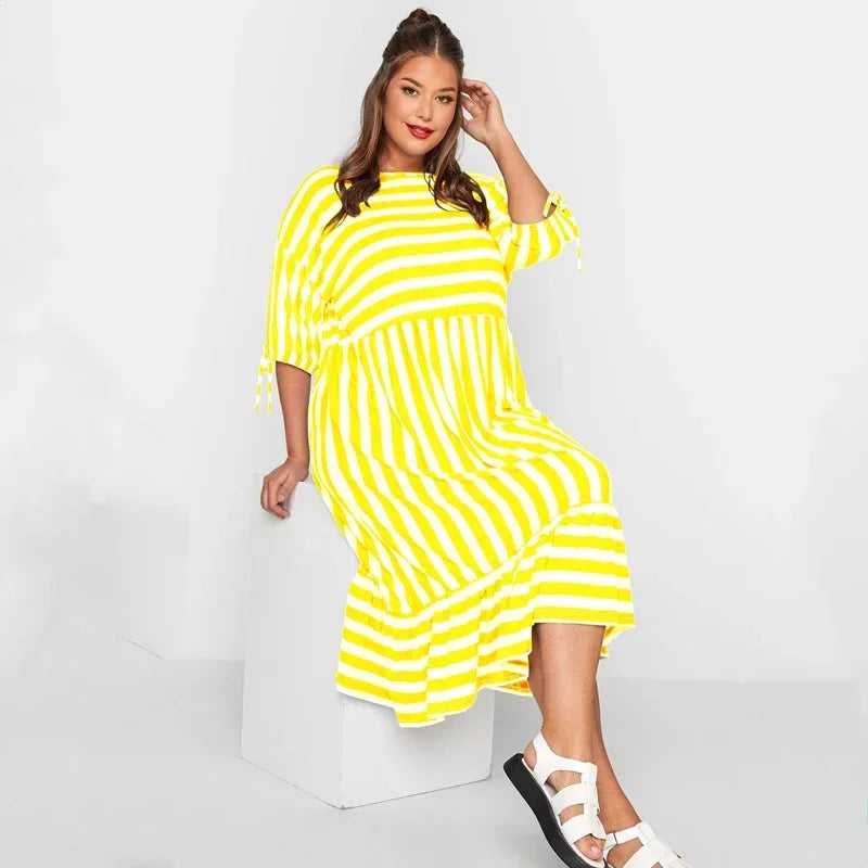 Maxy Plus Size Summer Elegant Striped Smock Dress Women Loose 3/4 Tie Sleeve Frill Hem Party Dress Casual Midi Maxy Tiered Dress 7XL