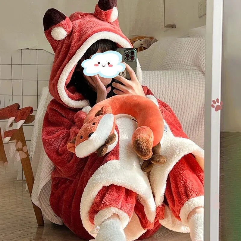 Zay Women's Onesies Flannel Cosplay Costume Dinosaur Panda Fox Animal Pajama Cartoon Hooded Sleepwear Halloween Christmas Nightdress