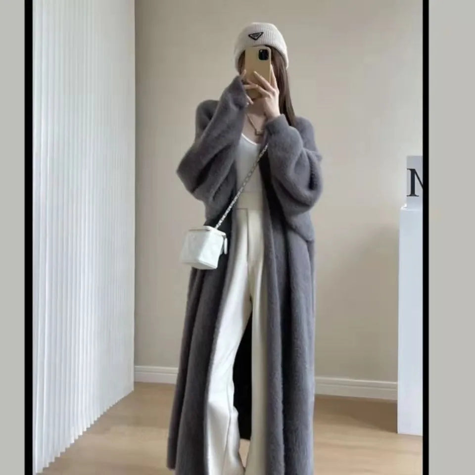 white Long Cardigan for women 2025 new winter clothes Knitted fluffy long sleeve Cashmere sweater coat korean style warm vintage