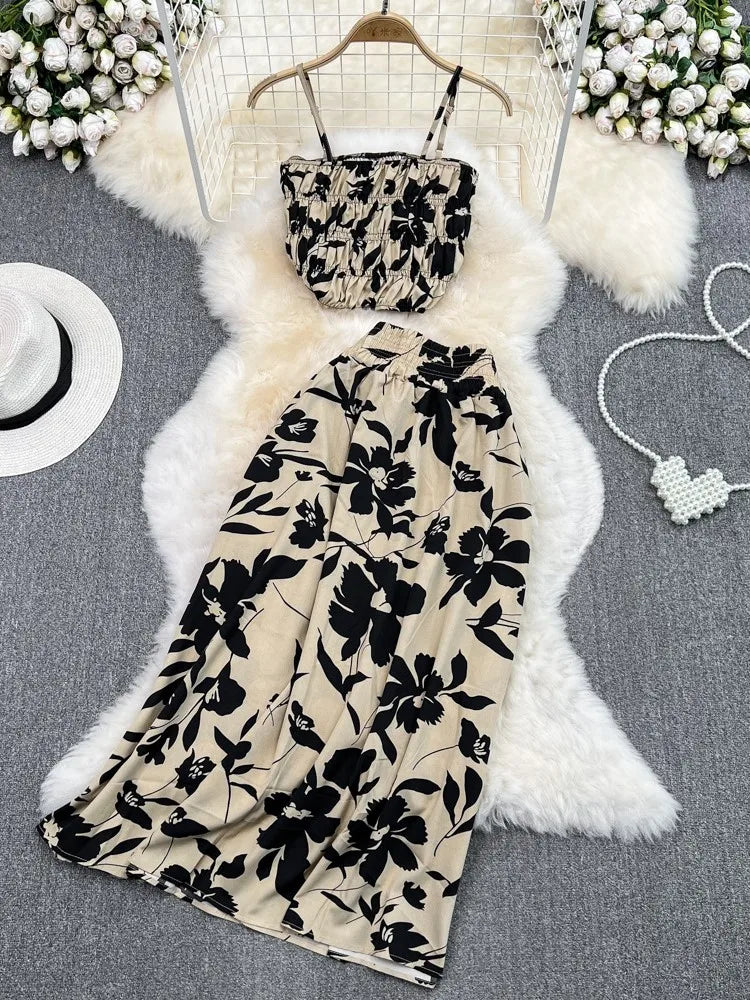 Maxy Summer Floral Print Two Pieces Set Women Fashion Elegant Casual Fold Sleeveless Tops And Long Skirt Sexy Slim 2 Piece Sets