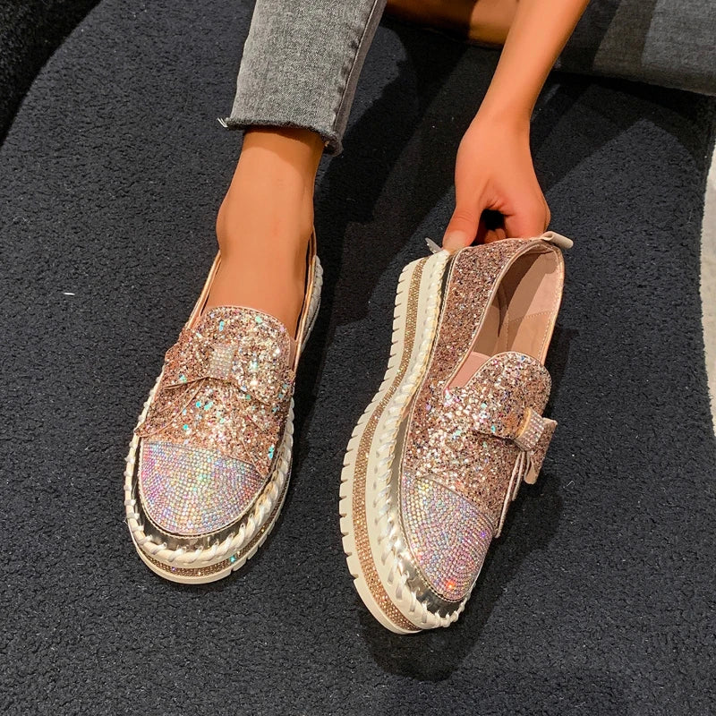 Maxy Fashion Women Shoes Shining Rhinestone Loafer Bowknot Slip-on Thick Botton Casual Ladies Crystal Female Platform Sneakers Sports