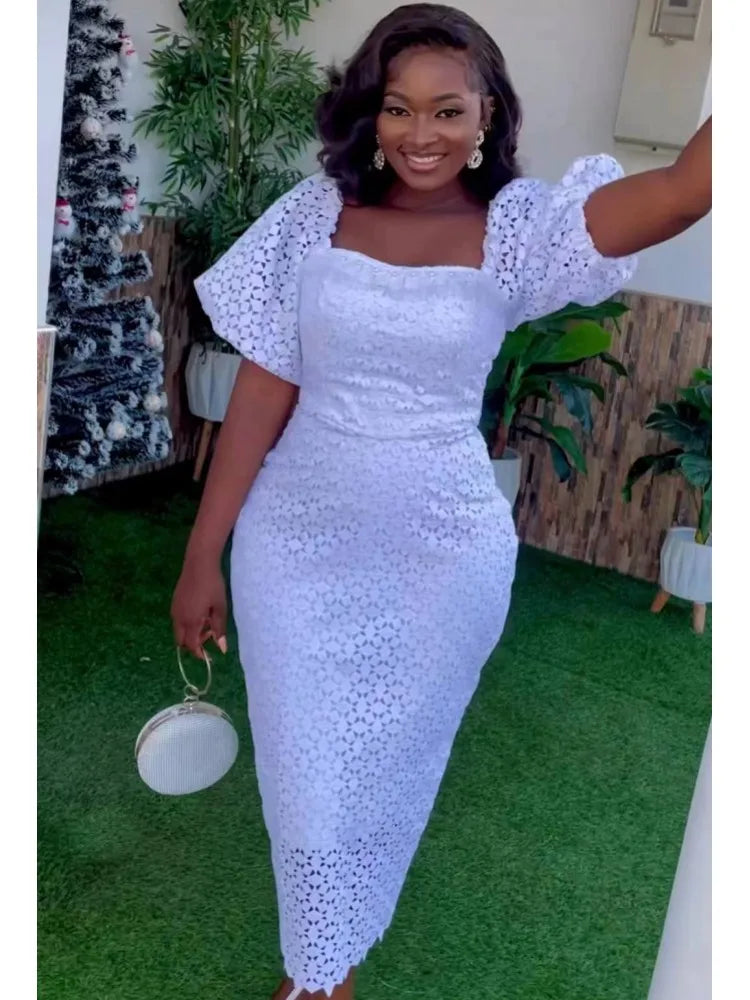 Amay Dresses for Women Puff Sleeve Plus Size Turkey Sequin Evening Lace Wedding Party Long Dress