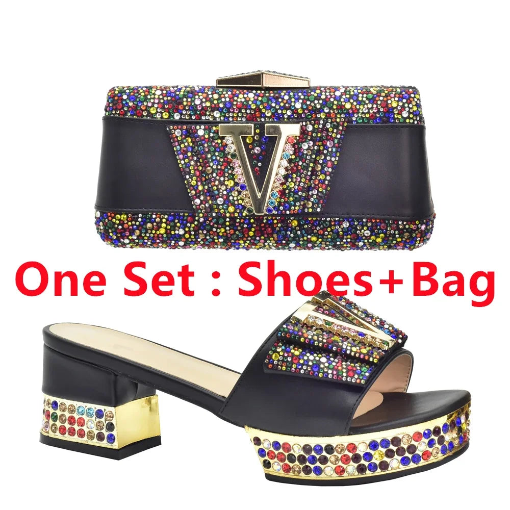 Maxy Ladies Shoes and Bags To Match Set Decorated with Rhinestone Shoes and Matching Bags Set Slip on Shoes for Women