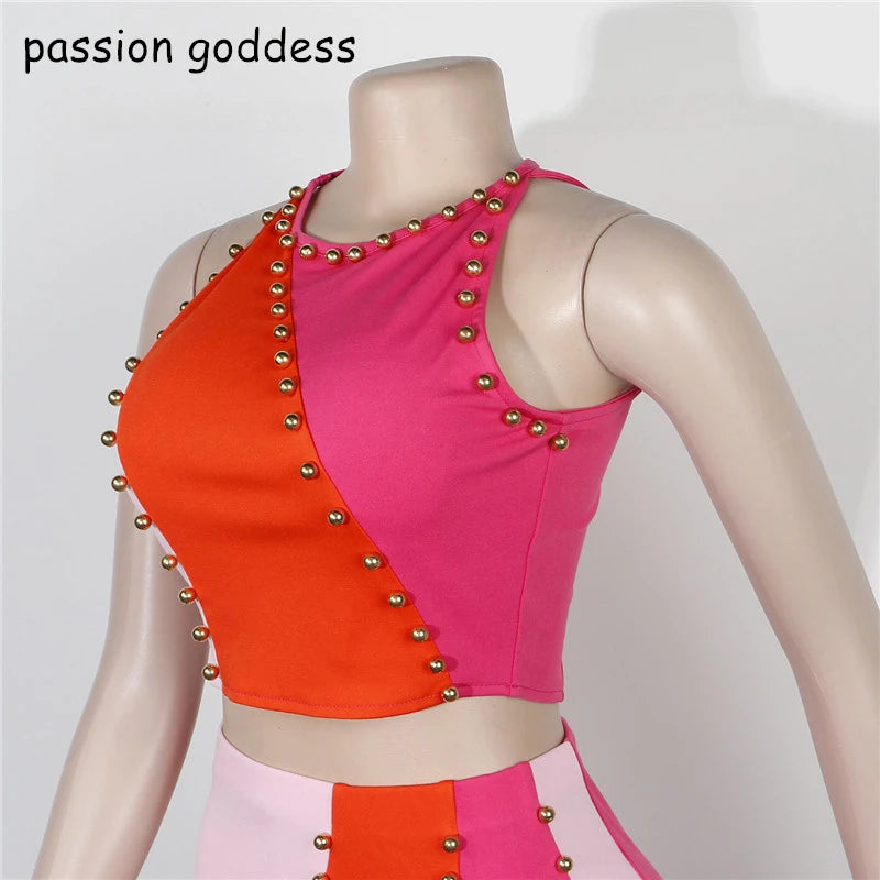 Maxy Summer Two Piece Dress Set for Women Sexy Rivet Sleeveless Tank Top and Bodycon Ruffles Edge Mini Skirts Outfits Streetwear Suit
