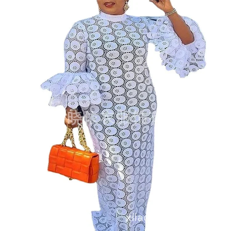 Maxy Flare Sleeve Women Dress Stand Collar Solid Hollow Out Lace Long Dresses Sheer Spliced Vestidos Elegant Lady Spring