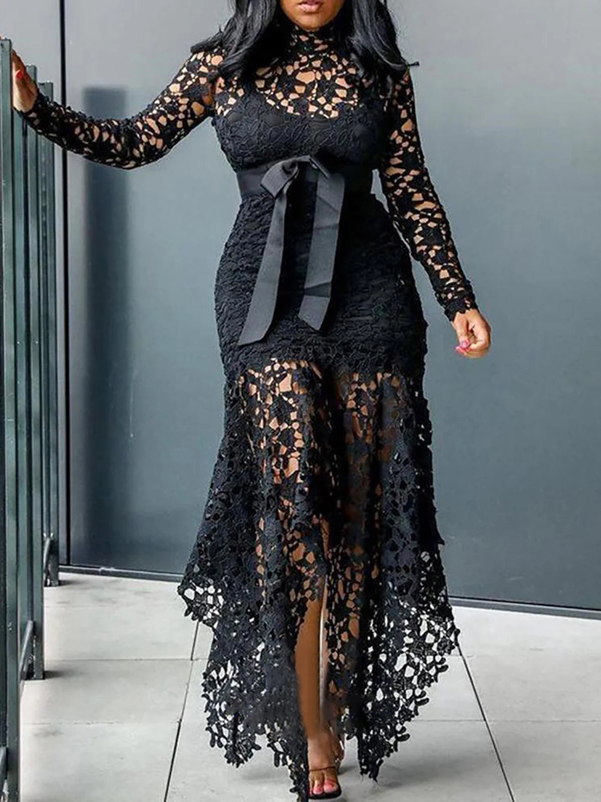 Maxy Women Elegant French Lace Dress Stand Up Collar Puff Sleeve Slim Sexy Hollow Out Irregular Hem Party Club Evening Midi Dresses