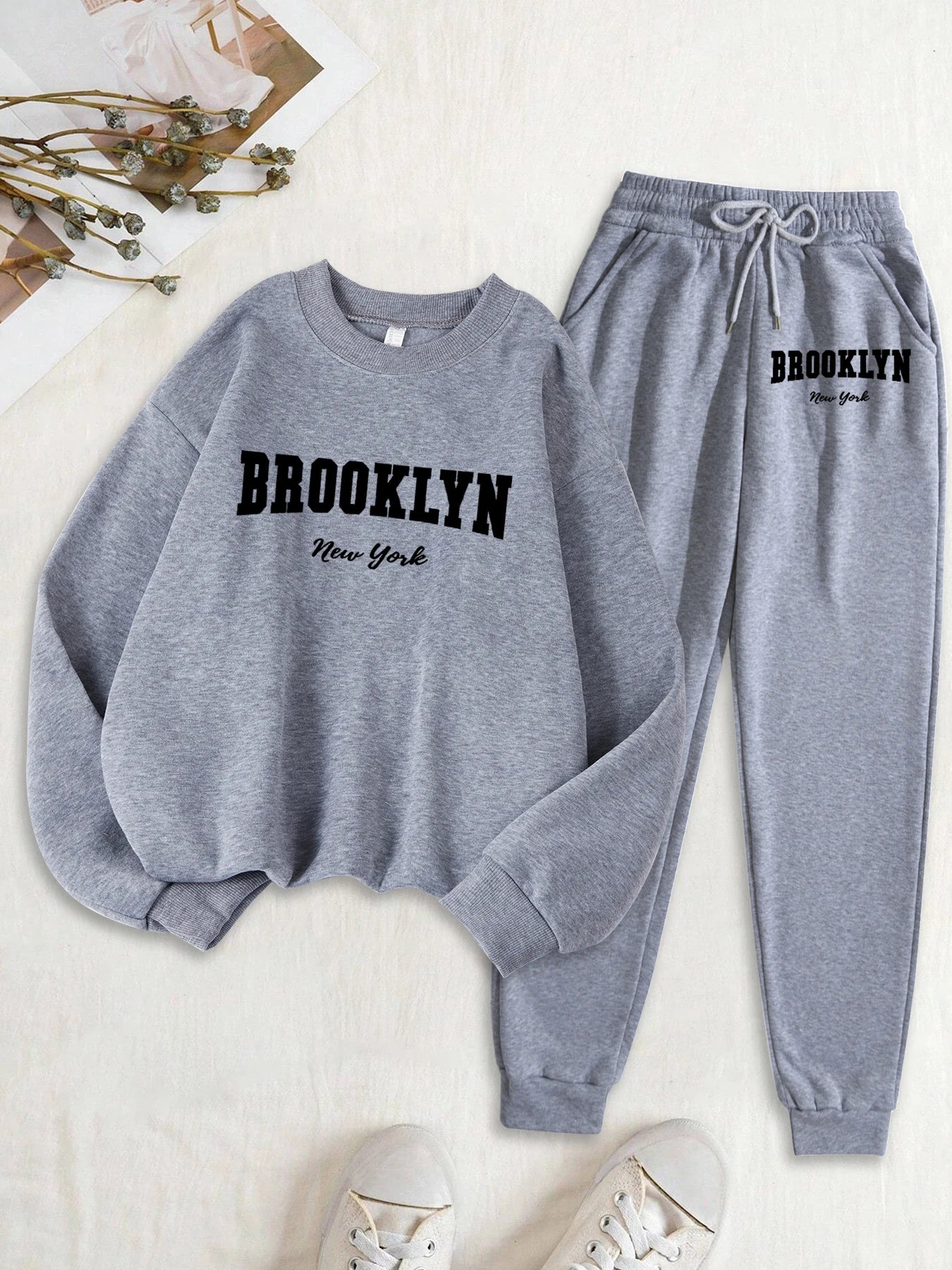 Maxy Brooklyn New York Letter Print Women Sweatshirt Set Autumn Fleece Clothes 2Pc Sets O-Neck Casual Tracksuit Fashion Jogging Pants