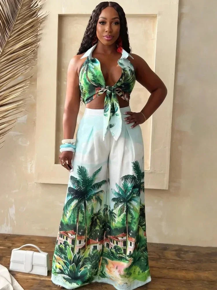 Maxy 2 Piece Women Sets Dashiki African Summer Matching Sets Print Two Pieces Sets Sleeveless Top And Pants Suits Outfits Clothing