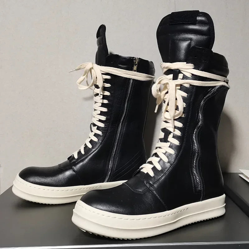 Maxy 24ss New In High Street Owens Men's Boots Real Leather Women Rick Sneakers Solid Color Hot Sale High-Top Side Zipper RO Shoes