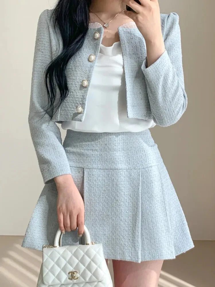 Maxy High Quality spring Small Fragrant Two Piece Set Women Outfit Short Jacket Coat + Skirt 2 Piece Sets Conjuntos Cortos