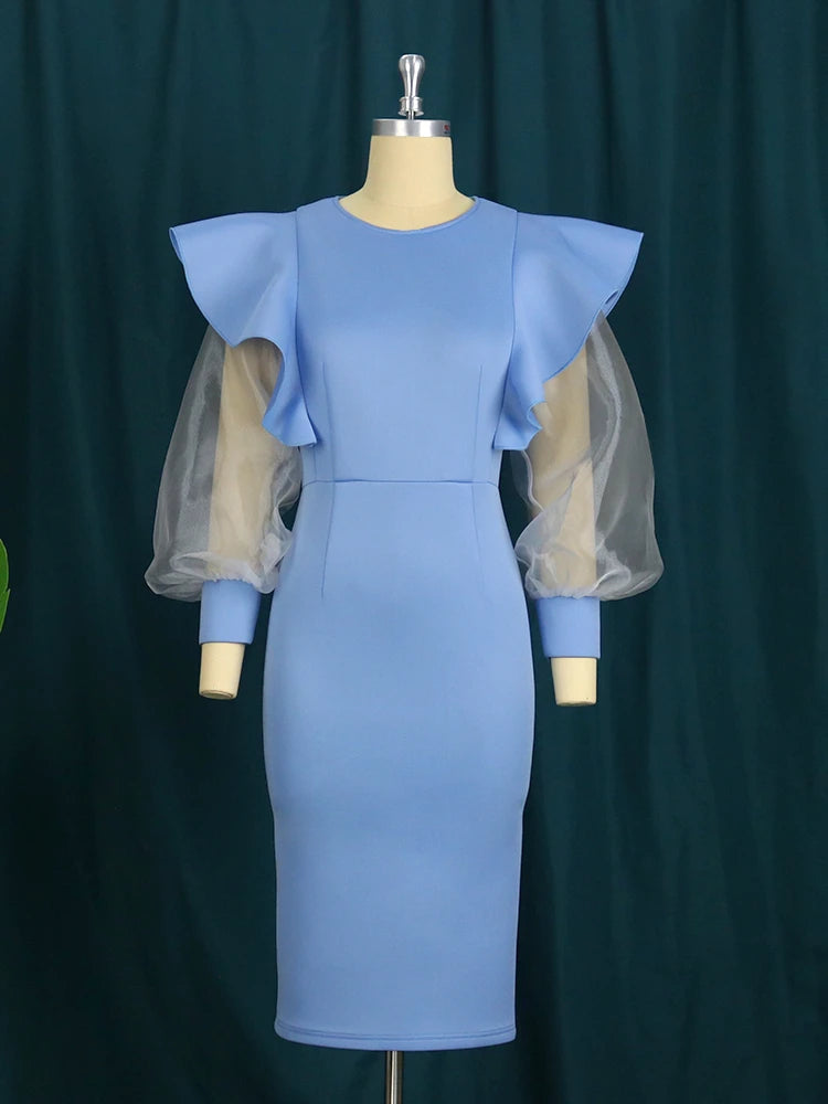 Amay Plus Size Ruffle Midi Dresses Women Bodycon O Neck Long Tulle Sleeve Patchwork Party Elegant Robes Christmas Evening Prom