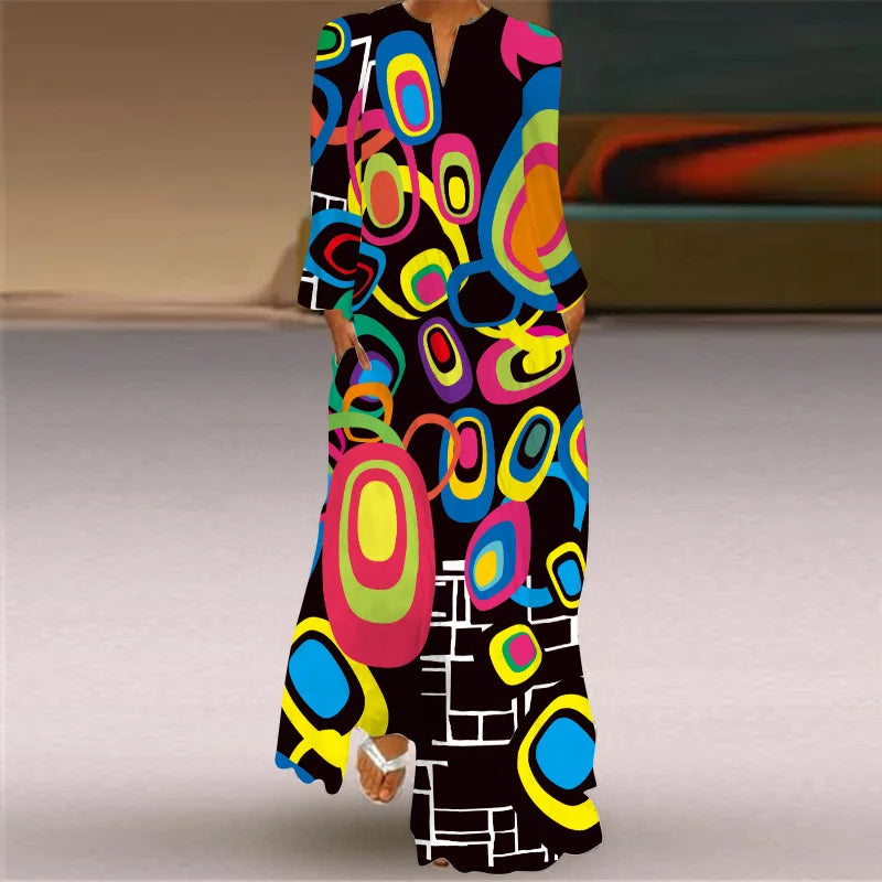 Maxy Casual Print Dress for Women Autumn New Printed V-neck Robe Vestidos Ladies Fashions Elegant Loose Long Dresses Vestidos