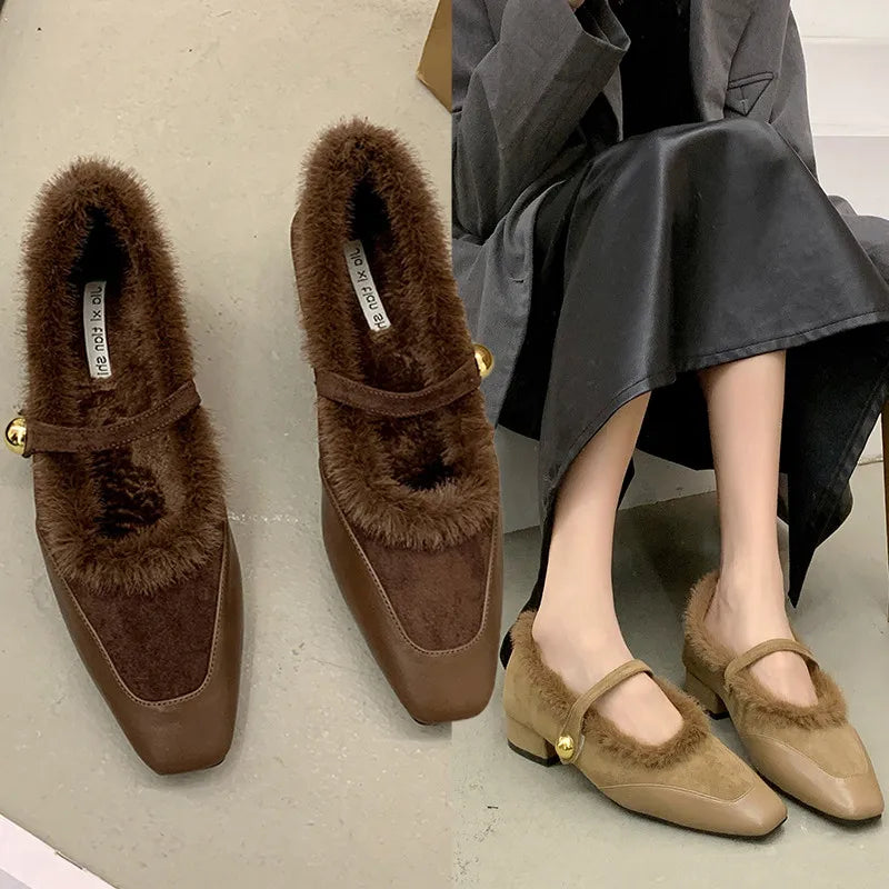 Amay Korean Shoes Loafers Fur Square Toe Autumn New Winter Fall Mary Janes Hook & Loop Fashion Women Shoes Autumn Loafers Fur Mo