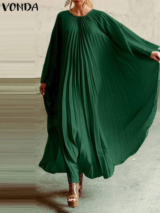 Maxy Plus Size Women Long Dress Casual Oversize Solid Color Elegant Long Sleeve Robe Ruffles Sundress