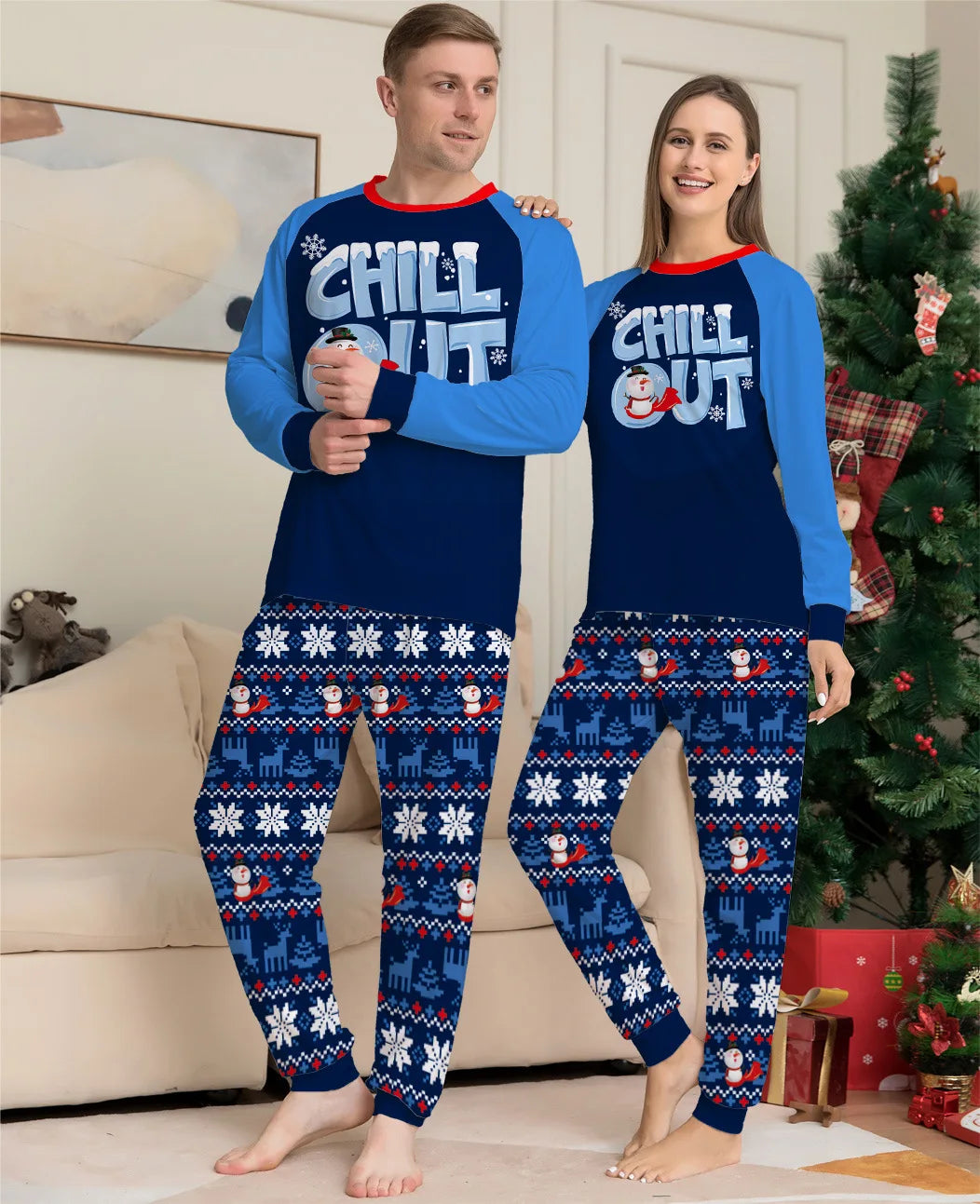 Christmas Pajamas Family Set Blue Printed Family Matching Christmas Pajamas Couples Women Men Kids Boy Girls Christmas Pjs Set