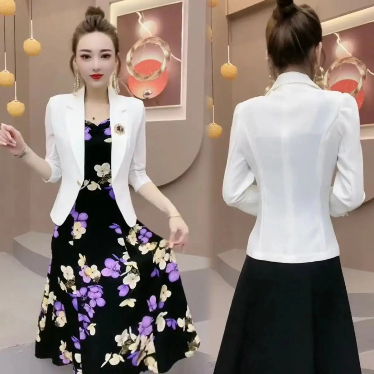 Maxy Popular High-End Brooch Blazer Slip Dress Suit Jacket Women's Summer Fashion Blazer Suit Skirt Two-Piece Set Sling Print Dress