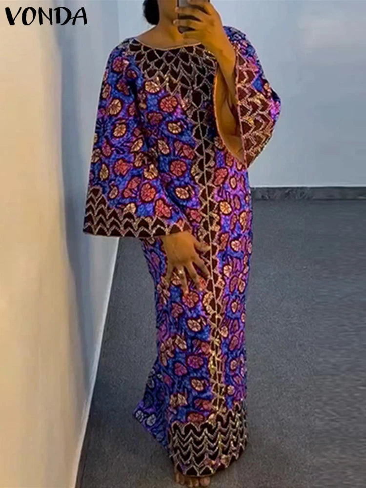 Maxy Elegant Dress Women Bohemian Printing Sundress Vintage Flare Long Sleeve Maxy Oversized O-Neck Robe Femme