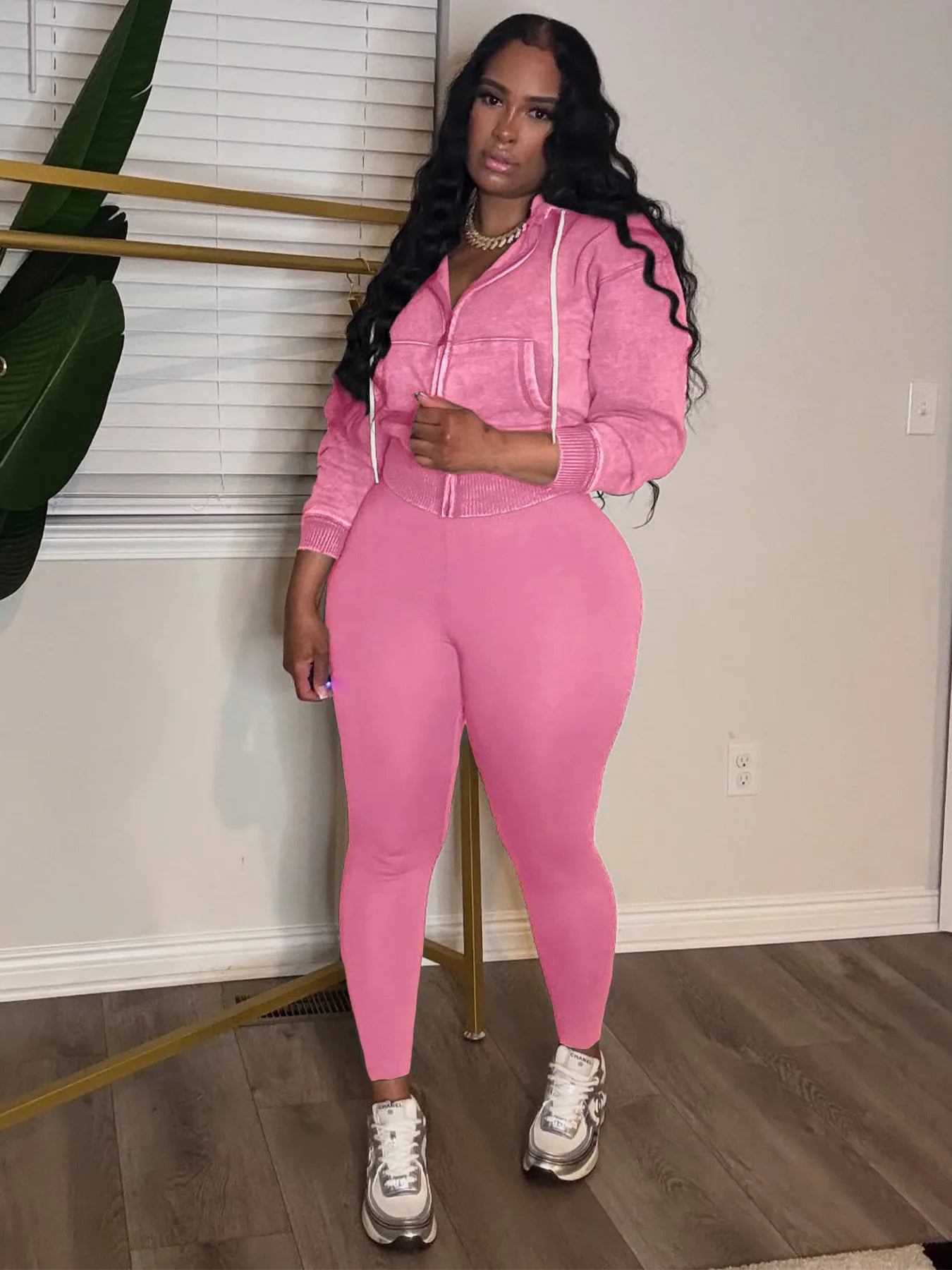 Maxy Koilu Casual Sporty 2 Piece Set Woman Autumn Trend Washed Style Drawstring Hooded Jacket+Solid Yoga Pants Daily Simple Tracksuit