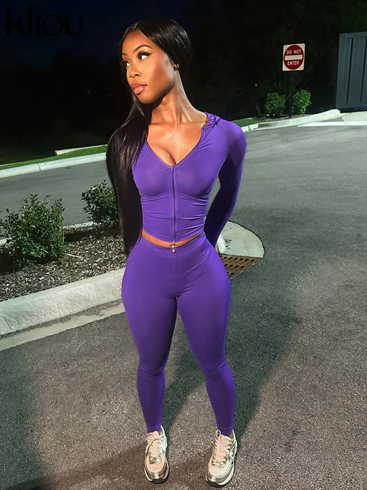 Maxy Casual Women 2 Piece Set Classic Tracksuits Solid Long Sleeve Zip-up Hood Tops+Slim Elastic Pants Sporty Concise Outfits