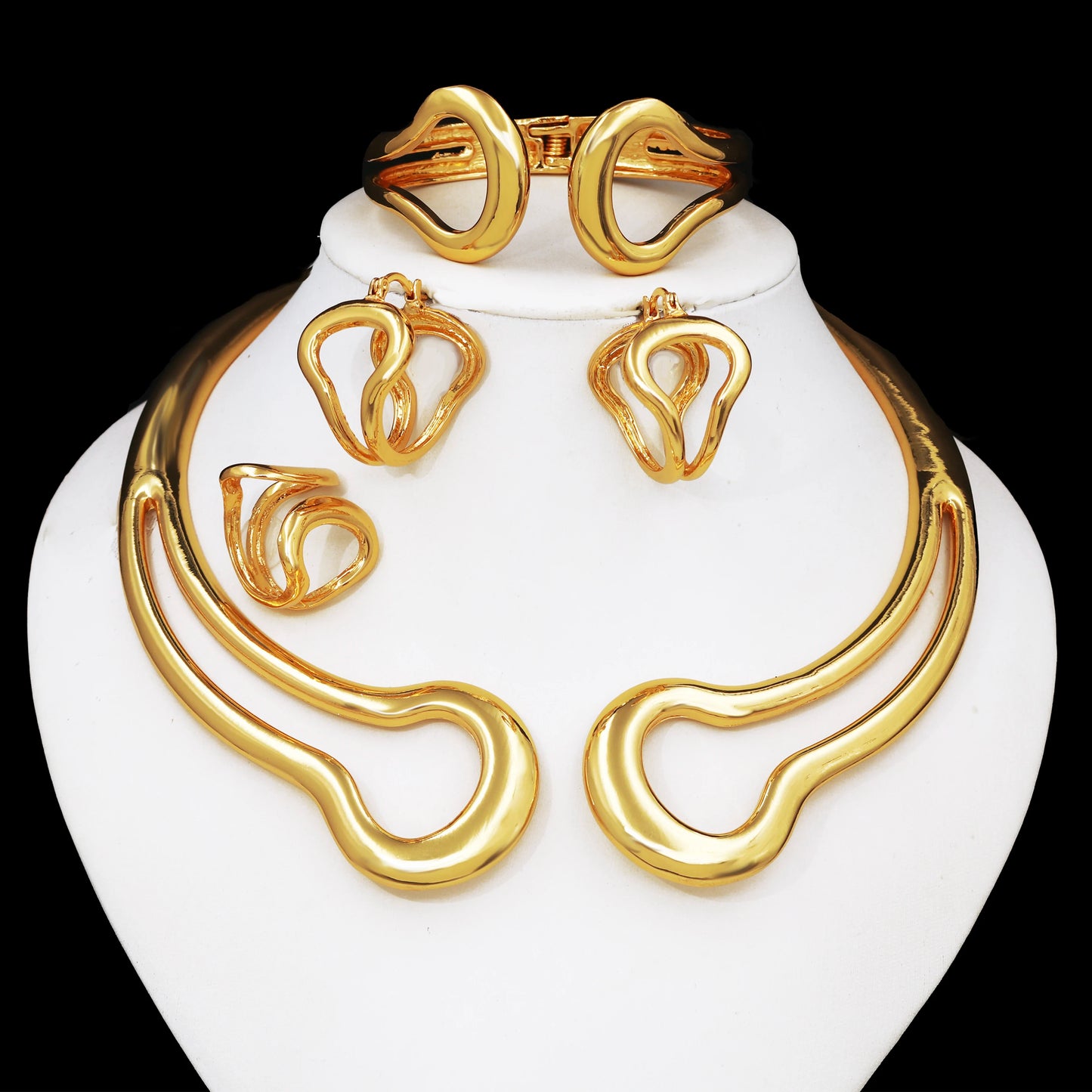 Maxy 18k Gold Plated Jewelry Set for Women Classic Design Shiny Necklace Hoop Earrings Bangle And Ring Fashion 4PCS Set Jewelry