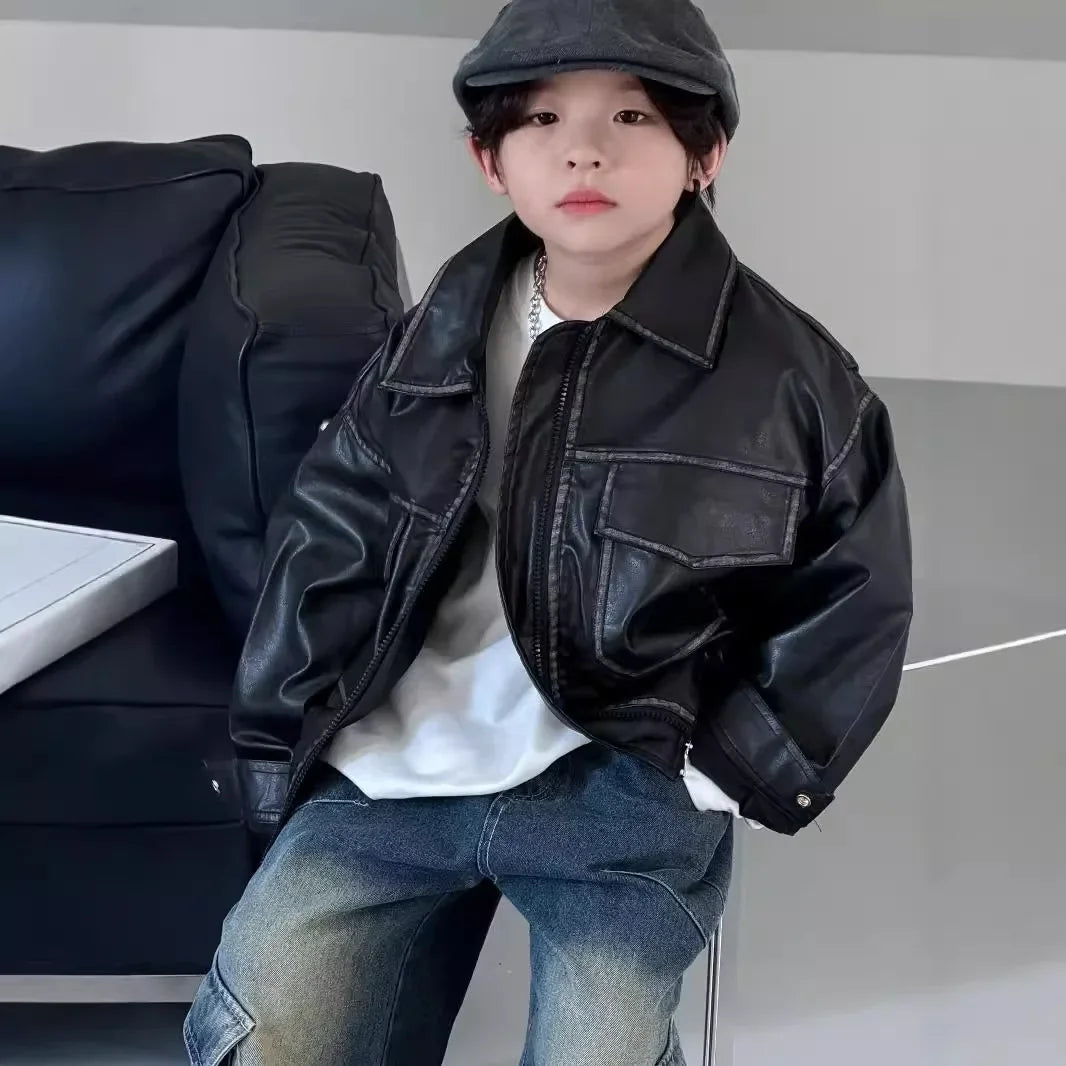 Babs Autumn New Styles for Boys Korean Children Clothes Retro Wash Black Color PU Leather Jacket Toddler Girl Winter Clothes