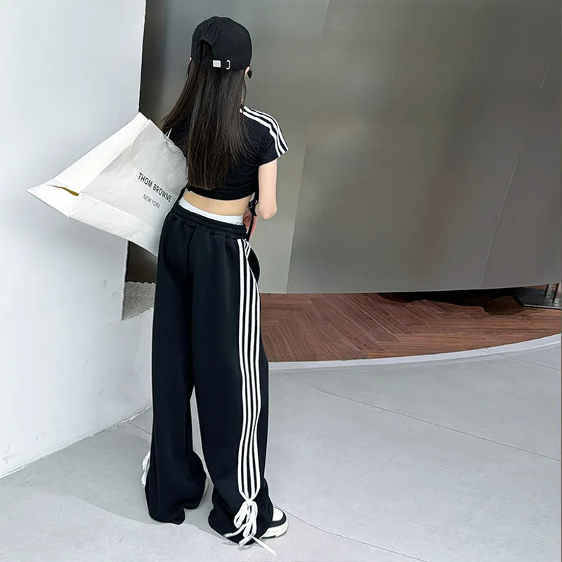 Maxy Girl's Fashion Set Black Hot Diamond T-shirt + Side Striped Pants Korean High Summer Set Kids Two Piece Suit Princess Clothing