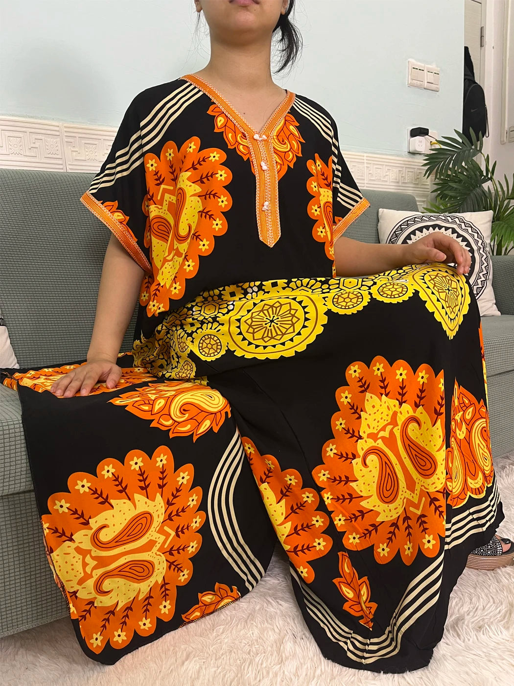 Maxy Muslim Cotton Abayas For Women Appliques Printed Caftan Marocaine Femme Robe Boubou African Islam Dresses With Headscarf