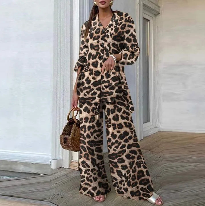 Maxy Autumn Fashion Leopard Print Women's Suit Two-piece Retro Street Print Casual Loose Long-sleeved V-neck Top Wide-leg Pants Suit