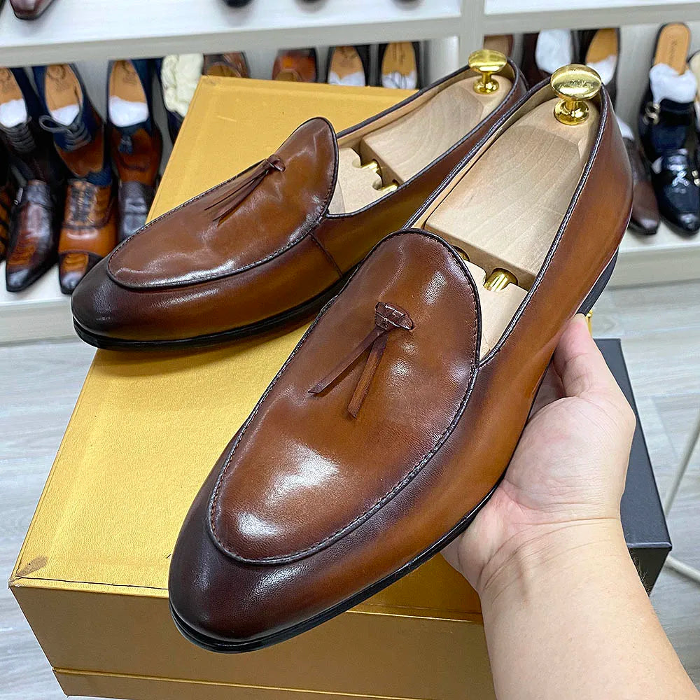 Amay Classic Italian Style Mens Tassel Loafers Genuine Calf Leather Dress Shoes Men Original Casual Business Wedding Formal Shoes