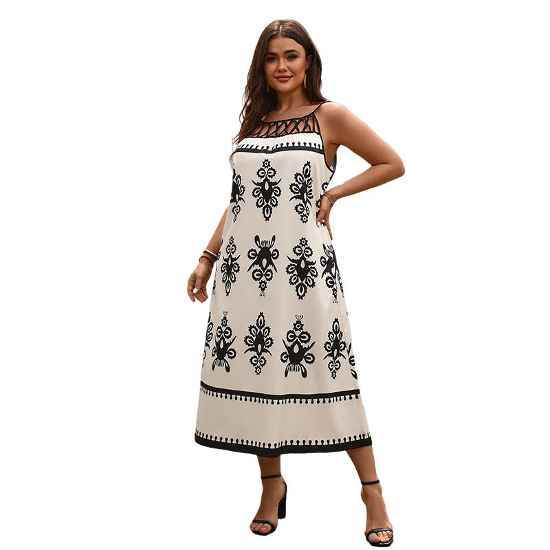 Maxy New Hollow Out Sexy Suspender Long Dress with Sleeveless Printed Dress Summer-dress Party Summer Elegantes Casual Y2k