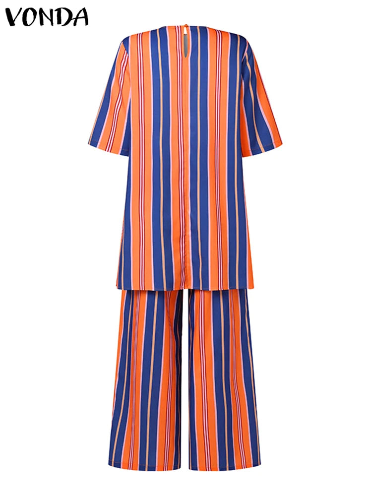 Maxy Women Pants Sets Summer Matching Sets Vintage Striped Suits Casual Loose Half Sleeve Tops and Pants Oversized