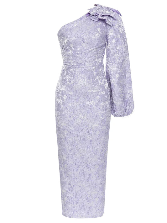 New One Shoulder Gaxy Long Slim Dress Women Purple Long Sleeve Ruffles Design Dresses Runway Celebrity Party Gowns