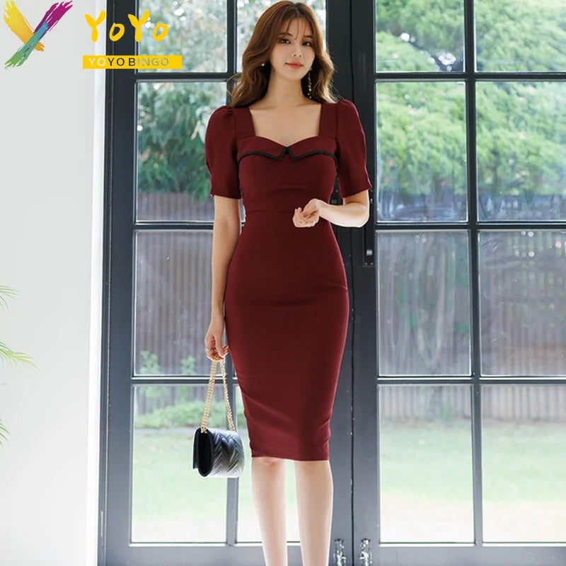 Maxy 2024 Summer Red Ruffle Edge Bubble Sleeves Square Neck Dresses Fashion Elegant Slim Bodycon Office Chic Work Wear Dress