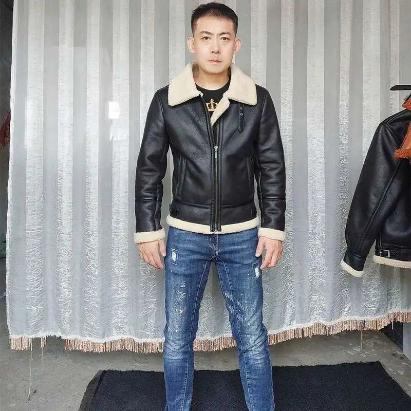 Maxy Winter Lamb Wool Clothes Men B3 Fur One Motorcycle Suit Coats With Fleece Thick Suede Lapel Leather Jacket Slim Outerwear