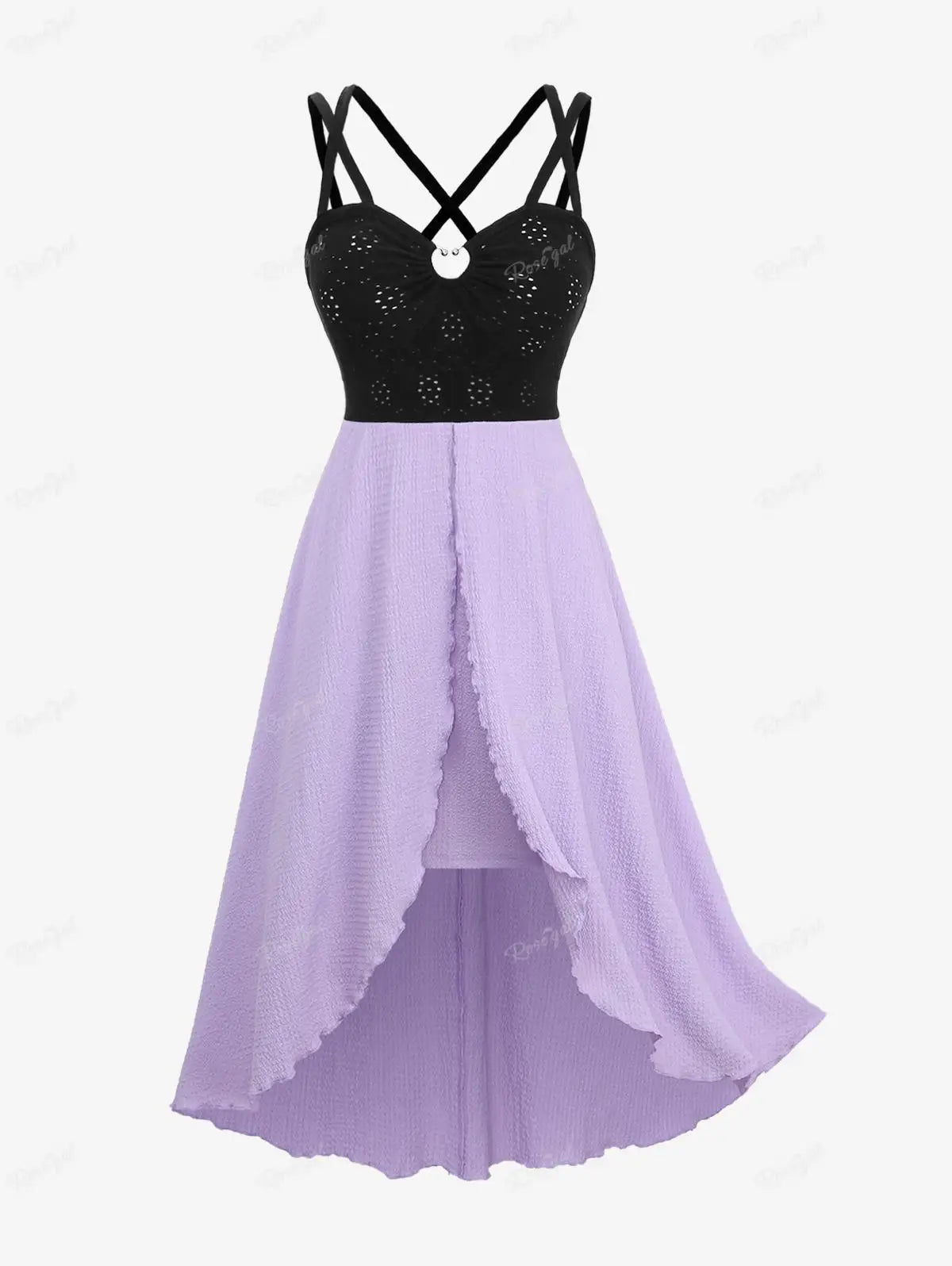 Maxy Plus Size Women's Summer Dress Cinched Hollow Out Crisscross Strappy Crinkle Textured Patchwork Asymmetric Dress Vestios