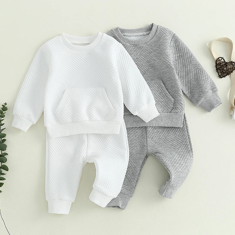 Maxy 2Pcs Baby Boys Fall Winter Outfits Long Sleeve Front Pocket Textured Sweatshirt Tops and Trousers Set Toddler Clothes