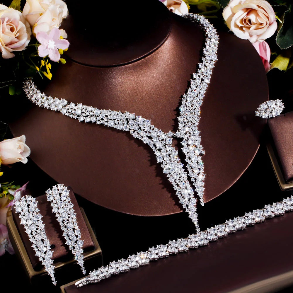 Maxy 4Pcs Brilliant Dubai CZ Heave Stonework Big Luxury Dinner Party Wedding Bridal Costume Jewelry Sets for Women T663