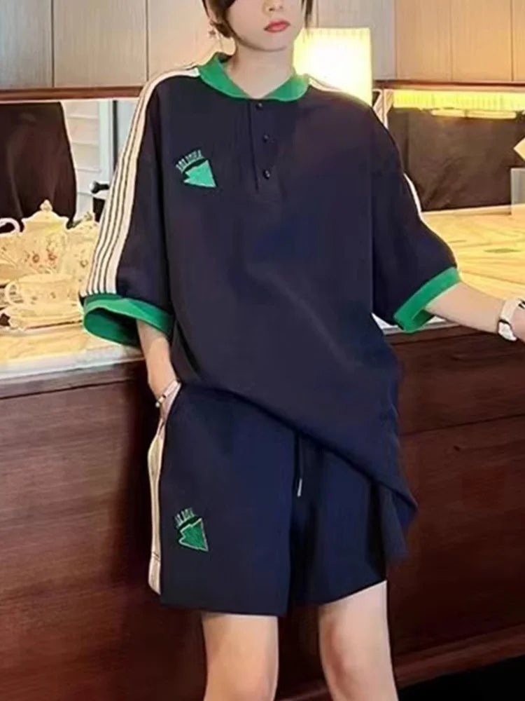 Maxy Navy Loose Side Patch Streetwear Tracksuit Summer Shirts Shorts Pants Embroidery Two Piece Sets Womens Outifits Harajuku Casual