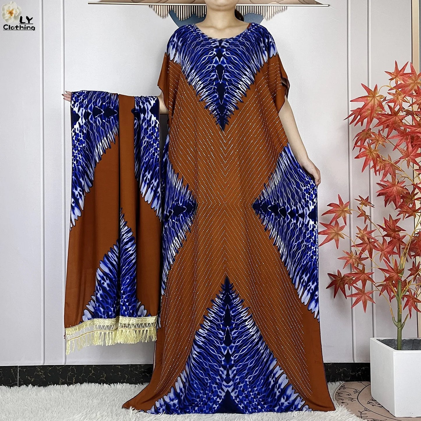 Maxy New Muslim Women Dashiki Printed Dress Flower Diamonds Loose Dress With Big Scarf Islamic African Women Short Sleeve Abaya