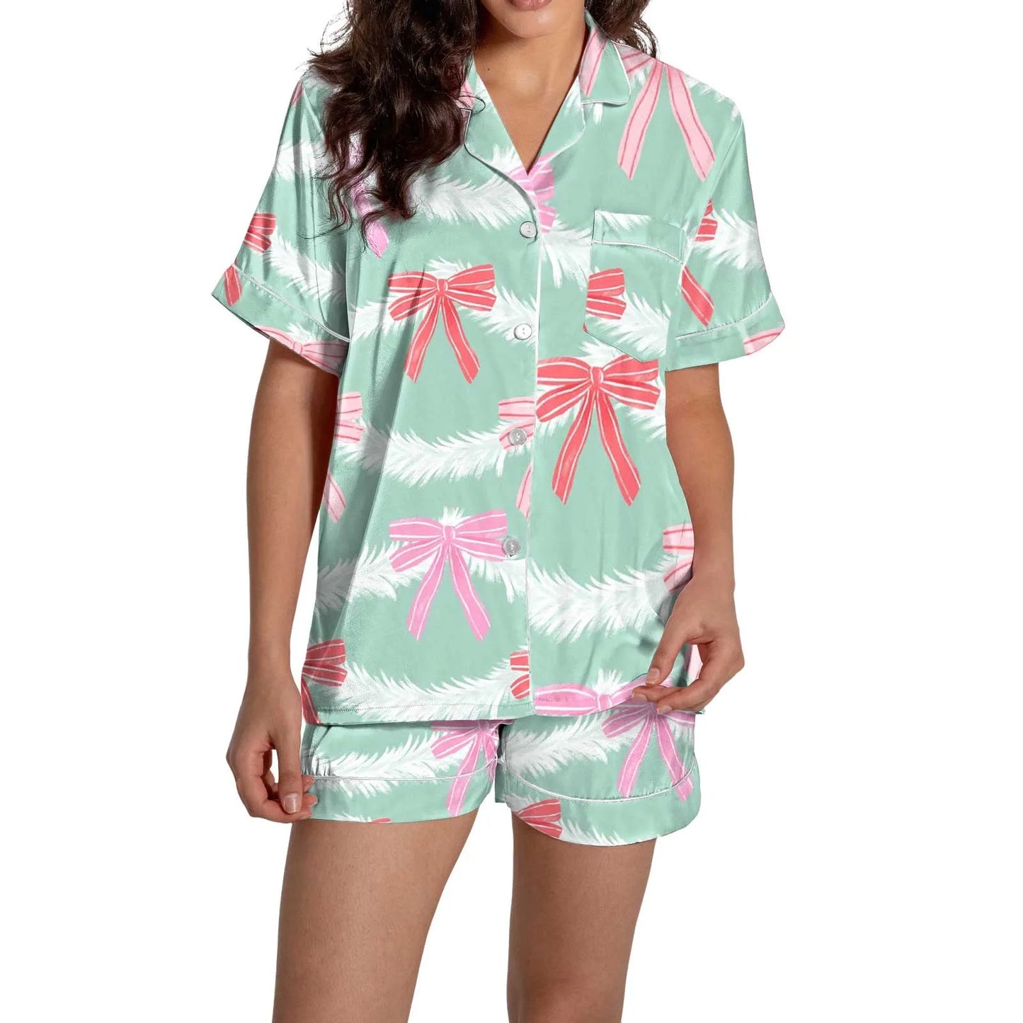 Christmas Graphic Print Women's Button-Down Shirts Pajamas Shorts Set Causal Women‘s Silk Satin 2 Piece Homewear Shorts Set Soft