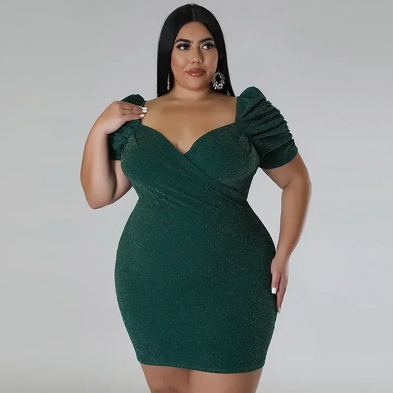 KEXU Sexy Glitter Plus Size Dresses Ruched Short Sleeve V Neck Slim Elegant Lady Party Dress Large Size Women's Evening Dress