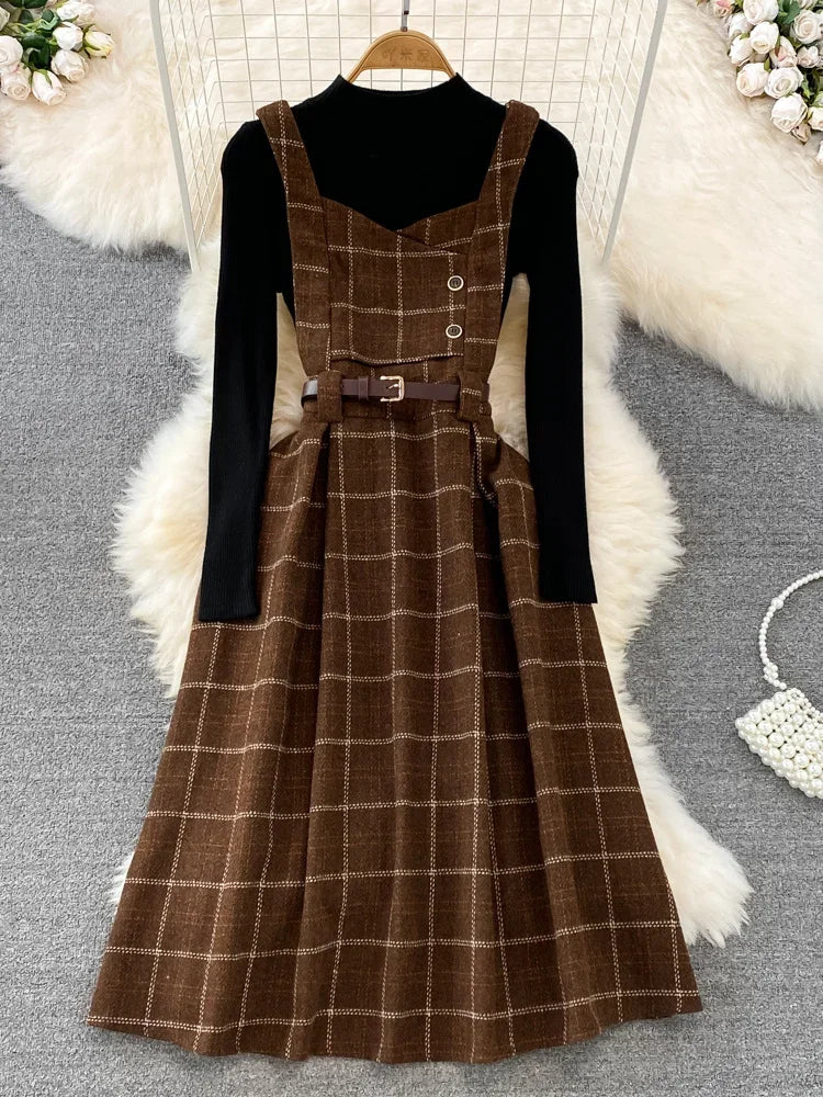 Maxy High Quality Fall Winter Women Sweater Overalls Dress Sets Casual Knitted Tops +Plaid Woolen Dress 2 Piece Sets Outfits Female