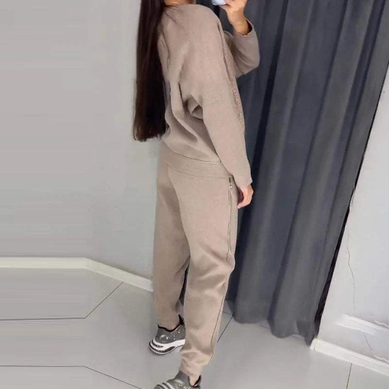 Maxy Fashion O-neck Long Sleeve Pullover & Long Pant Suit Casual Long Sleeve Solid Sweatshirt Set Elegant Sequin Patchwork Sport Set