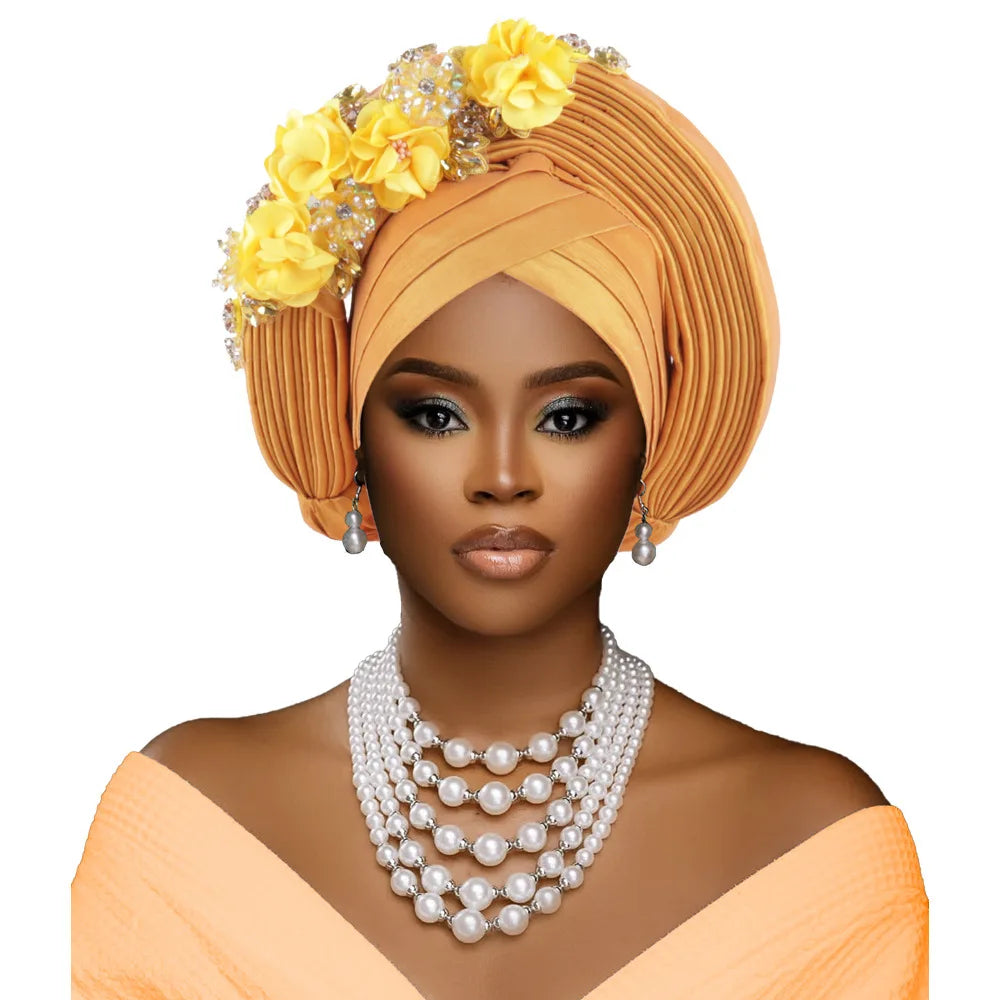 Maxy Fashion African Head tie Turban Nigeria Head Ties Flowers Already Made Auto Gele Women Head Wraps for Wedding Party Headpiece New