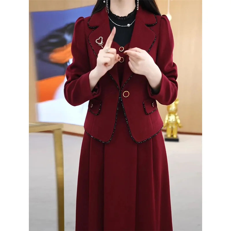 Maxy High End Suit Jacket Dress Two-piece Set Women Spring Autumn Winter New Advanced Red Blazer Coat Long Dress Female Outfit