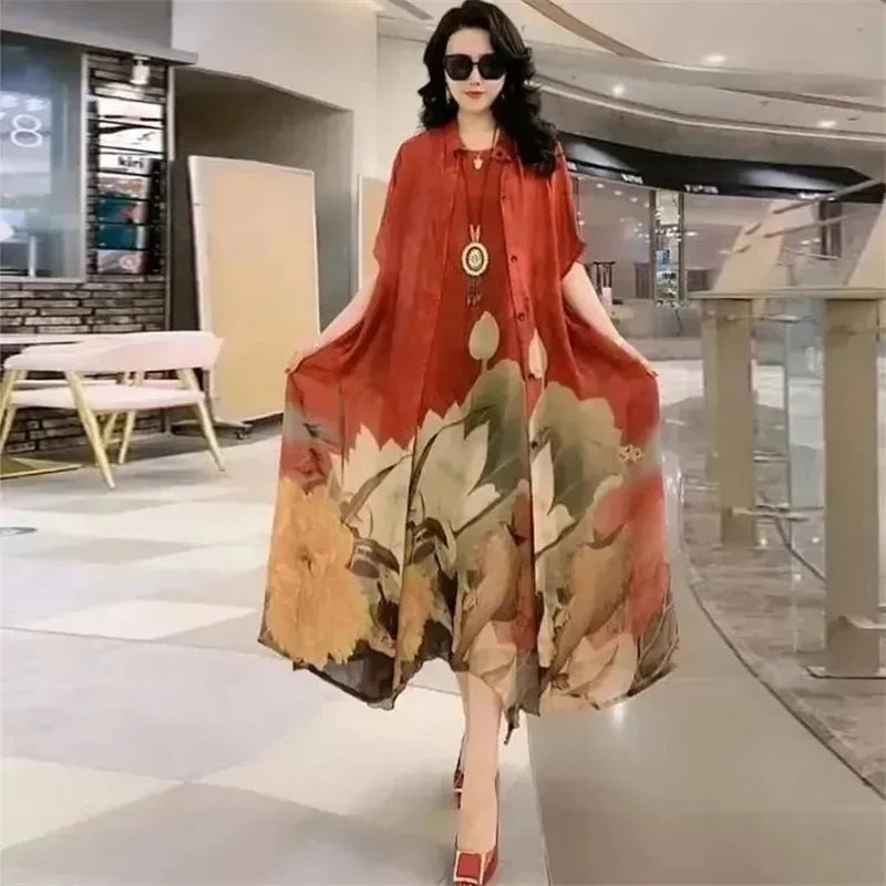 Maxy Middle Aged Mother Dress Suit Summer Casual Fashion Printing Two Piece Suits Long Dress Suits Women Temperament Dress Sets 729