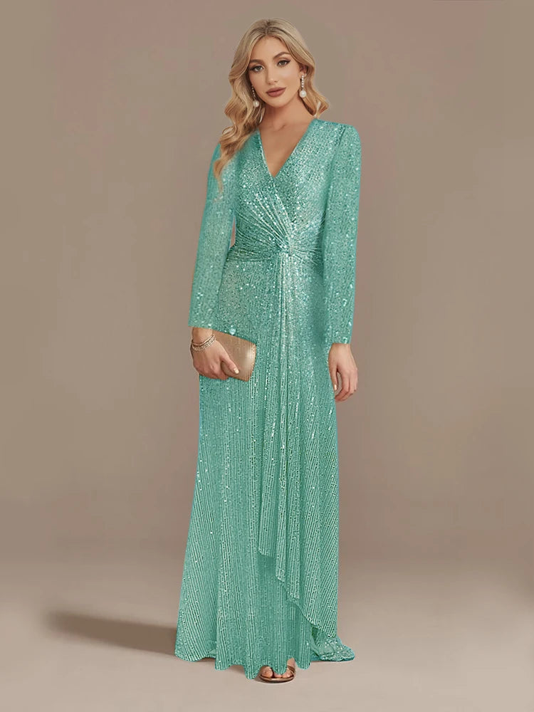 Maxy Luxury Long Sleeve V-Neck Evening Dress Wedding Party Sequins For Women Female Guests Red Prom Cocktail Dresses