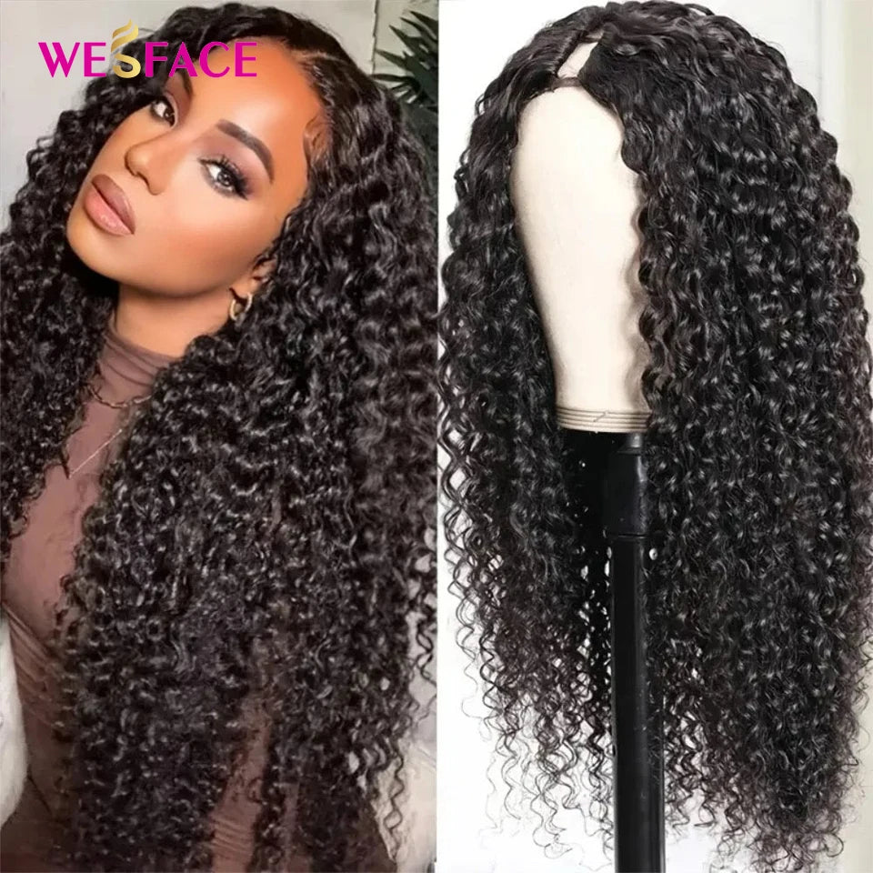 Amay Water Wave Curly V Part Wigs Natural Black Wear To Go Glueless Human Hair Wigs Upgrade V Part Wig Curly Human Hair 180% Density