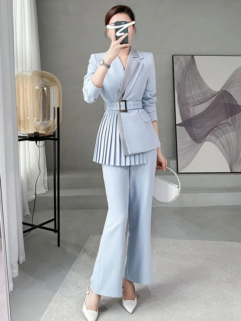 Maxy Blazer and Formal Spring Autumn Trousers Woman Splicing Blue Suits Pant Sets for Women 2 Pieces Business Clothing Trend